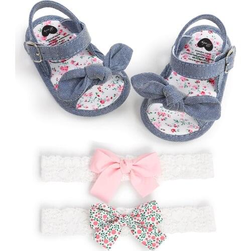 Summer New Baby Girls Sandals Toddler Girls Flower Sandals Shoes Soft Casual Non-Slip First Walkers+Headband 2PCS Set