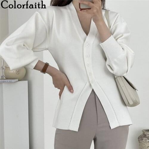 Colorfaith New 2021 Womens Autumn Winter Sweaters Elegant Lady Fashionable Slim Cardigans Vintage Knitwear Wild Tops SWC1554