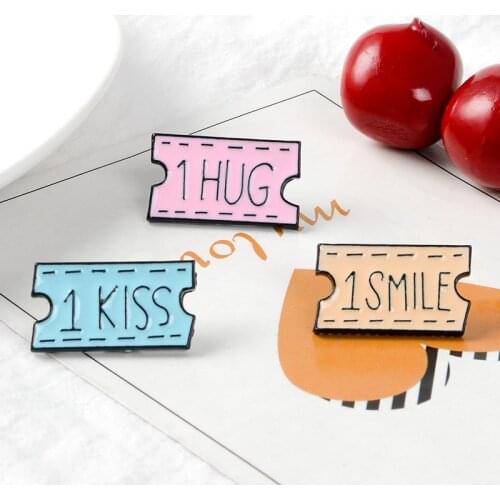 Tickets Enamel Pins 1 KISS 1 HUG 1 SMILE Coupon Brooches Denim Collar Romantic Bag Lapel Pin Shirt Badge Jewelry Gift for Lover
