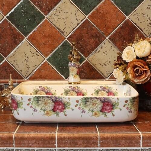 China Artistic Procelain Handmade Europe Vintage Lavabo Washbasin Ceramic Bathroom Sink Counter Top wash basin rectangular rose