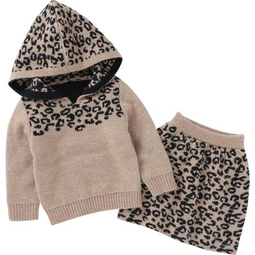 2Pcs Autumn Winter Party Kids Clothes Baby Girl Fashion Leopard Hooded Sweater Tutu Skirts Outfits Toddler Girl Clothing Set