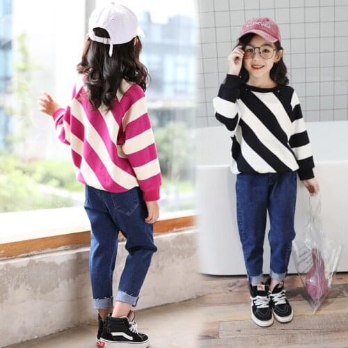 New Arrival Girls Fashion Striped Clothing Set Childrens Long Sleeve T-shirts Tops + Denim Pants Jeans 2 Pcs Kids Tracksuit B70