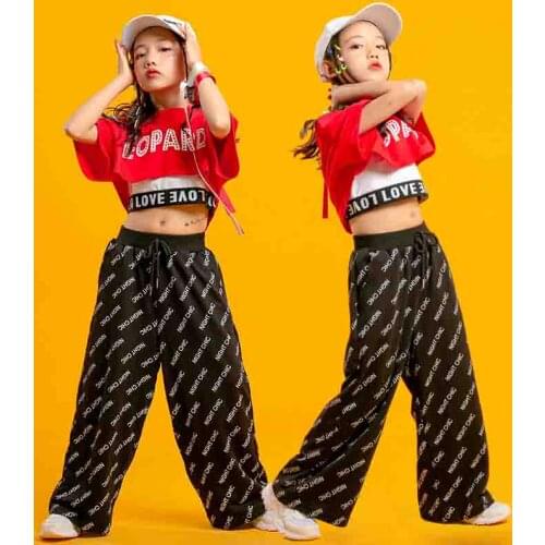 Girls Jazz Dance Costume Children Cool Hip Hop Dance Clothing Kids Ballroom Dance Wear Crop Top Pants Street Dance Suit XS1602