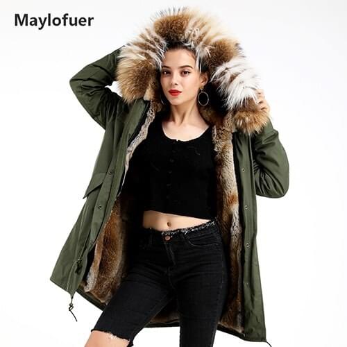 Maylofuer Army Green Natural Detachable Rabbit Fur Liner Parka Women Real Raccoon Fur Collar Hood Parkas Winter Warm Jacket
