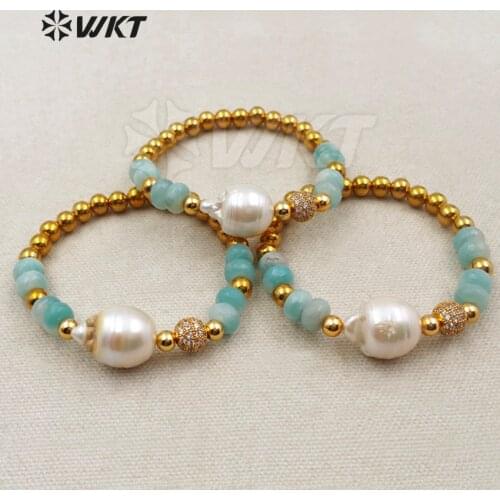 MB096 WKT Simple Brass Beads Natural Light Green Stone Cubic Zirconia Pave Beads And Big Freshwater Pearl Adjustable Bracelet