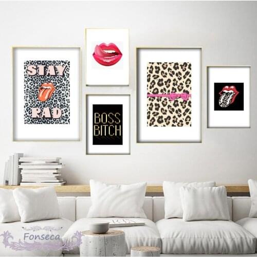 Fashion Leopard Pattern Lips Canvas Painting Modern Nordic Wall Art Picture Queen Quotes Posters for Living Room Home Decor