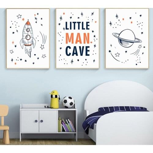 Cartoon Rocket Alien Little Man Cave Canvas Painting Nursery Boy Wall Art Prints Poster Picture Kids Bedroom Home Decor No Frame