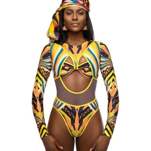 2019 African Print One Piece Swimsuit Long Sleeve Swimwear Mesh Patchwork Thong Monokini Cut Out Ethnic Swimming Wear Beachwear