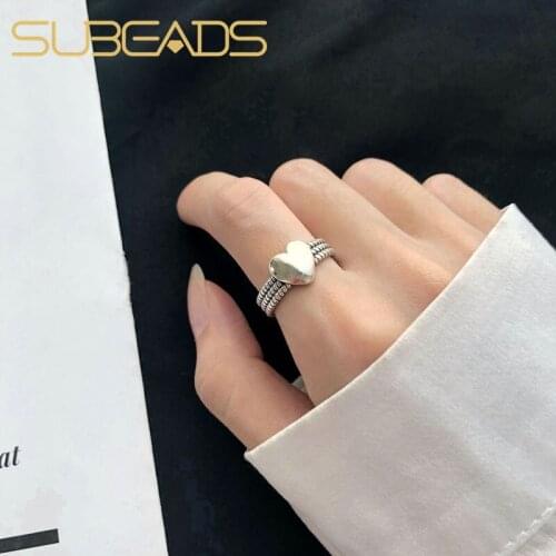 Subeads 925 Sterling Silver Forever Love Heart Finger Rings For Woomen Girls Metal Adjustable Open Ring Fine Jewelry Party Gift