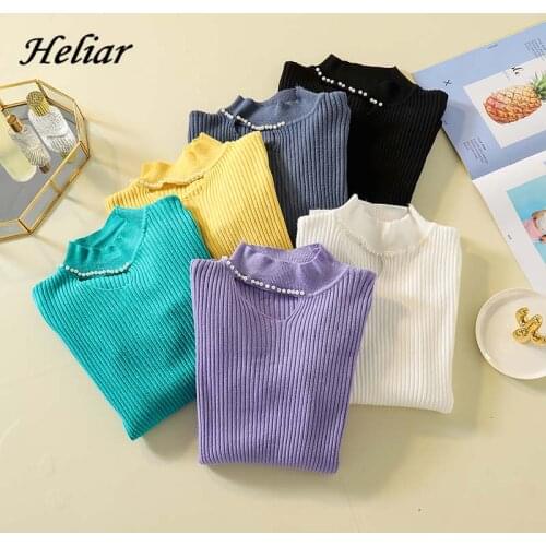 Heliar Women Beading Fall Hole O-Neck Sweater Solid Slim Knitting Underwear Sweater For Women 2019 Autumn Solid Casual Pullovers