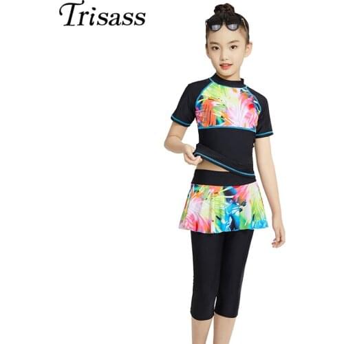 Trisass 2021 New Skirt Two Piece Swimsuit For Girl Half-Sleeve Children Bathing Suit Professional Sports Long Pants Swimwear