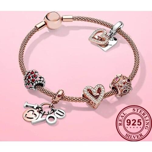 100% S925 Terling Silver Spring Rose Gold Hand-painted Love Kiss Charm Pendant Pan Bracelet Confession Valentines
