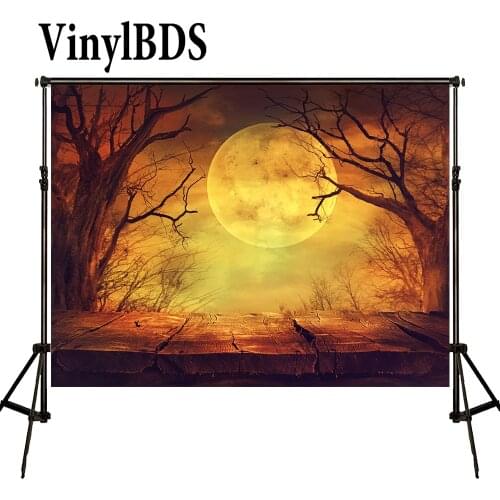 VinylBDS Halloween Backdrops for Photography Full Moon Photography Backdrops Wooden Floor Terrible Forest Kids Photo for Studio