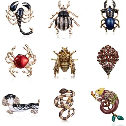 Vintage Alloy Enamel Snake Scorpion Lizard Beetle Brooches For Women Mens Creative Bugs Pins Fashion Crystal Insect Badges Gift