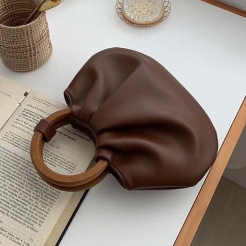 Vintage Wooden Handle Women Handbags Designer Ruched Lady Shoulder Bags Luxury Soft Pu Leather Crossbody Bag Female Tote Purses