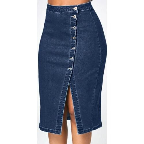 Plus Size Denim Midi Skirt Summer Elastic High Waist Button Split Pencil Skirts Women Casual Daily Party Blue Jeans Skirt Jupe