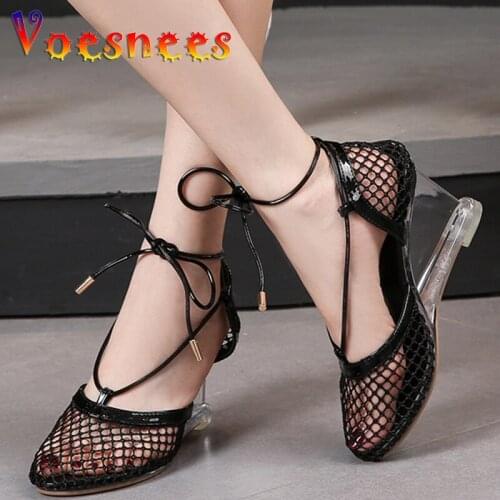 Mesh Ankle Strap Wedges Women Shoes Summer Walk Show High Heels Nightclub Sandals Sexy Stripper Party Dress Solid Color Shoes