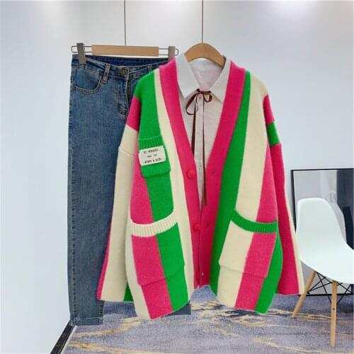 2021 Women Long Sweater Coat Vneck Oversized Cardigans Patchwork Sweater Casual Striped Chic Street Knit Poncho korean Tops