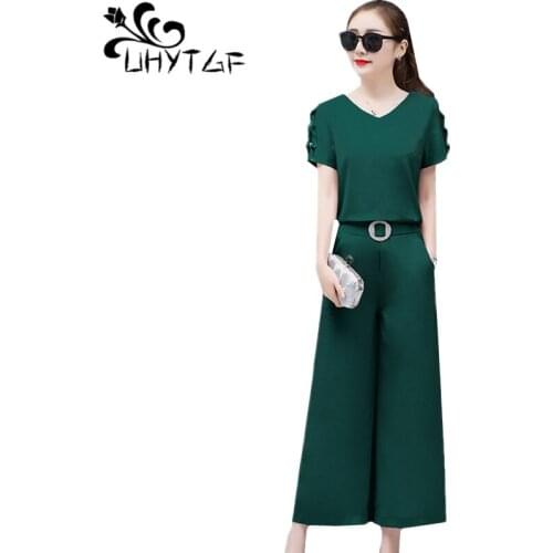 UHYTGF Womens sports suit Fashion chiffon summer 2 piece set women Loose plus size wide leg pants feminine set 154