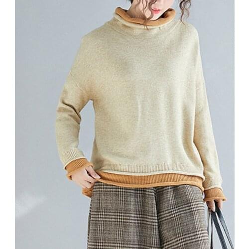 Johnature 2021 New Casual Women Knitted Sweaters Autumn Winter Loose Patchwork Pullovers Hit Color Female Sweaters