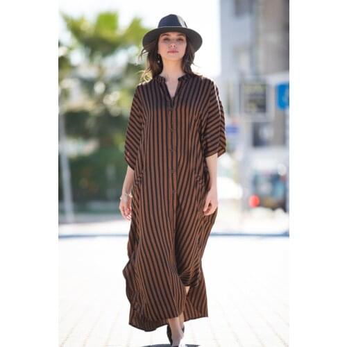 2021 Causal Striped V-neck Button Front Open Summer Beach Dress Blue Cotton Tunic Women Plus Size Clothes Maxi Dresses N1097