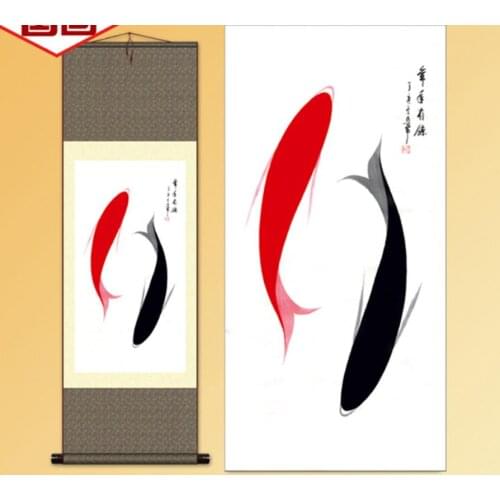 1pc Traditional silk art Chinese Silk Scroll Painting Gongbi Fish Home Decoration S021