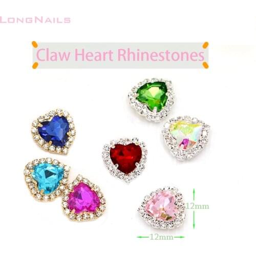 5pc/lot Starry Jewelry Claw Rhinestones Heart 12*12mm Purple/AB/Green Love Gems Sew-on Metal Back Prong 3D Nail Claw Charms #697