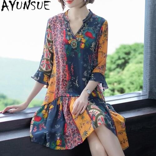 AYUNSUE 2021 Spring Summer Dress Women Silk Floral Boho Dress Midi Korean Fashion Dresses for Women Casual Vestidos Elegantes KJ