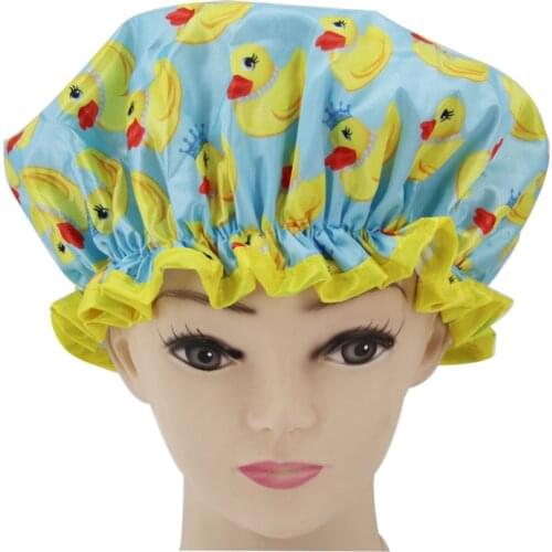 Digital Printed polyester satin fabric double layer shower caps fruits and cartoon1 size fit all