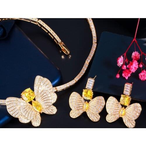 CWWZircons Big Butterfly CZ Bridal Choker Necklace Earring Wedding Collection Set African Dubai Gold Color Costume Jewelry T535