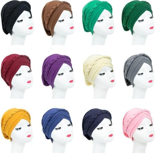 Women Ladies Muslim Hair Loss Bonnet Stretch Turban Caps Cancer Chemo Hat Solid Color Braid Head Scarf Beanie Skullies Bonnet