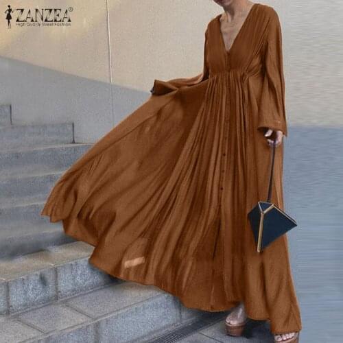 ZANZEA 2021 Elegant Solid Shirt Dress Women Spring Sundress Long Sleeve Maxi Vestidos Female V neck Casual Baggy Robe Plus Size