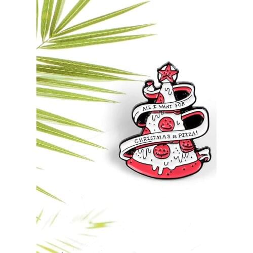 Cartoon Christmas Pizza Tree Enamel Pins ALL I WANT FOR CHRISTMAS IS PIZZA Brooch Bag Shirt Button Badge Jewelry Gift for Kids