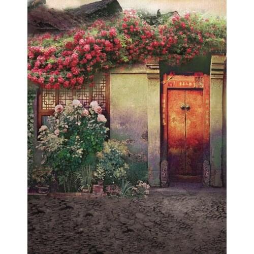 Chinese House Red Flowers Photography Backdrops Photo Props Studio Background 5x7ft
