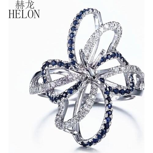 HELON 6.5mm Round Cut Solid 10K White Gold 0.6ct Natural Sapphire Diamonds Semi Mount Engagement Ring Wedding Gemstone Jewelry