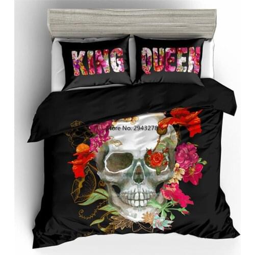 2/3Pcs Duvet Cover Set 3D Skull Skeleton and Colorful Rose Flowers Printed Bedding Set with Pillowcase Twin/full/queenKing Size