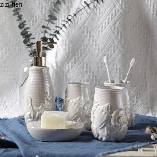 Creative White Shell Ceramic Bathroom Five-piece Press Type Lotion Bottle Toothbrush Holder Mouth Cup Household Soap Dispenser