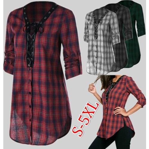 Kuelawear Long Sleeved Shirts for WomenPlaid Shirts Casual Patchwork V-Neck Lace Up Plaid Print Shirt Ladies Office Shirts Plus
