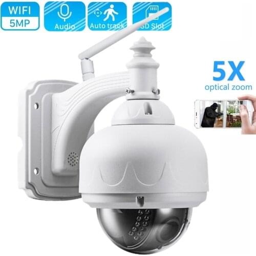 Outdoor Aluminum Humanoid detect 5MP HD Auto Tracking Dome IP Camera WiFi 5X Optical Zoom PTZ Audio Talk CamHi Phone APP SD Card