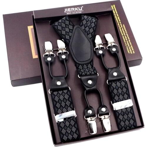 Fashion Suspenders Black leather 6 Clips Braces Vintage Casual Suspensorio Tirante Trousers Strap bretele Father/Husbands Gift