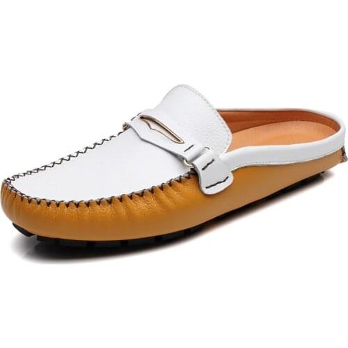 Loafers Men Leather Half Slipper Flat Italian Style Leather Lazy Boat Driving Shoes Man Plus Size Gents Shoes Non-Slip Moccasins
