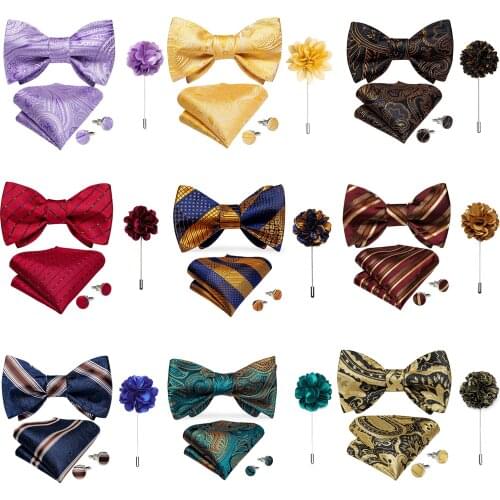 Men Wedding Party Bow Tie Brooch Pin Pocket Square Set Grooms Formal Dress Gold Red Paisley Bowtie Butterfly Tie Bowknot DiBanGu