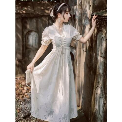 Summer First Love Dress Temperament French Literary White Vestidos Lace V-neck Bowknot Drawstring Chic Midi Dress