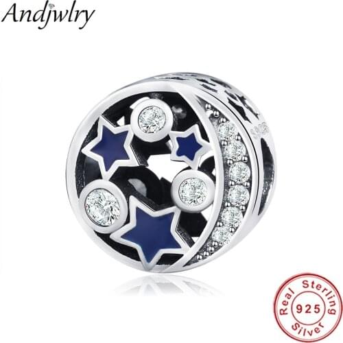 Fit Pandora Charms Bracelet Original 925 sterling silver Openwork Blue Enamel The Sky With Stars & Moon Charm Beads DIY Jewelry