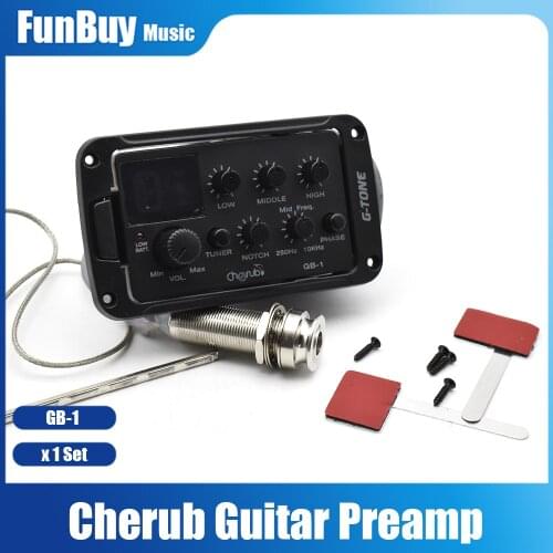 Cherub GB-1 G-Tone Series Acoustic Guitar Preamp Piezo Pickup 3-Band EQ Equalizer with Notch/Phase/Mid Freq. and LED Tuner Black