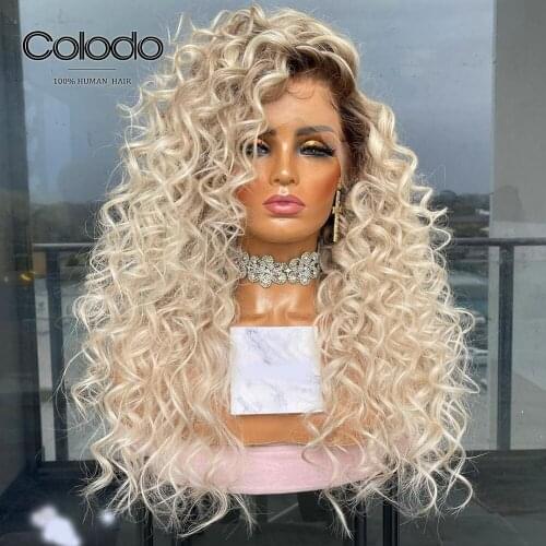 Pre Plucked Ombre Curly Human Hair Wig with #2 Roots Ash Blonde Curly Wig Remy Lace Front Human Hair Wigs For Women COLODO