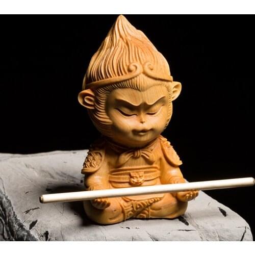 Boxwood Carving Solid Wood Statue Crafts Buddha Statue The Monkey King Cartoon Sculpture Home Decor