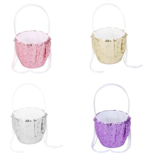 Crystal Sequin Satin Romantic Ribbon Wedding Ceremony Party Flower Girl Basket with Diamante Ribbon Embellishment