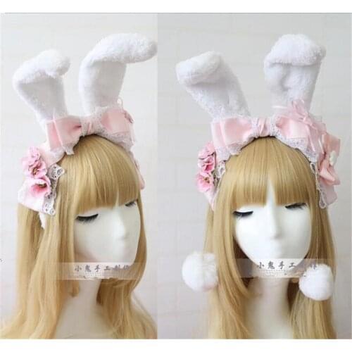Sweet Lolita Kawaii Plush Rabbit Ears KC Headwear Lace Bow Hair Clasp Cosplay Head band Accessories D316