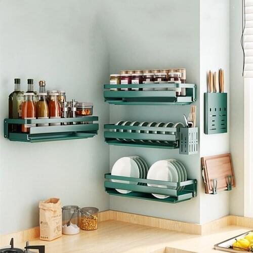 Dark Green Kitchen Wall Mounted Hanging Storage Plates and Bowls Drying Rack Spice Container Organizer Tableware Shelf